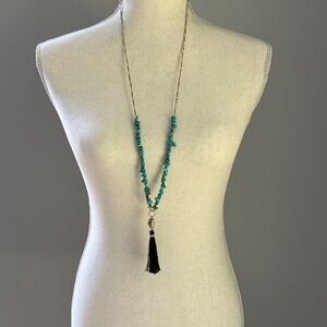 Bohemian Chic Long Gold Tone Chain Turquoise Howlite Tassel Pendant Necklace 40"